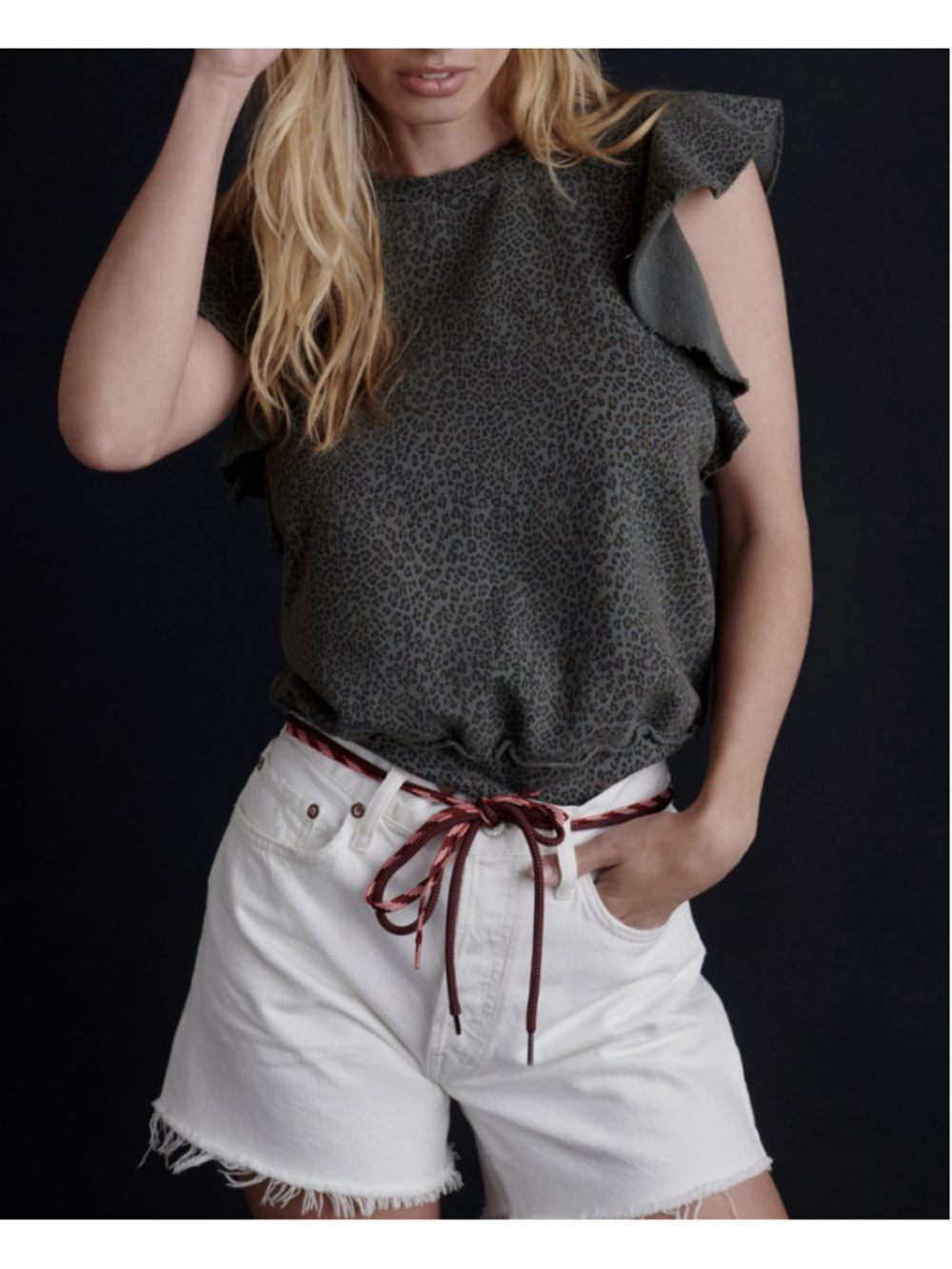 ANTHROPOLOGIE T.LA ANIMAL PRINT SLEEVELESS RUFFLE SWEATSHIRT TOP